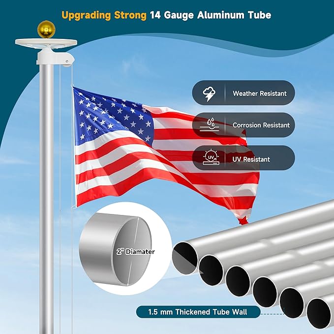 20FT Flag Pole Kit with Solar Light in Ground Heavy Duty Sectional Extra Thick Aluminum Flagpole Kit with 136 Led Flag Light Solar Powered Flag Included