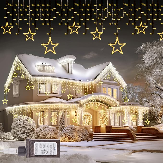 Minetom Icicle Lights Outdoor with Star 20FT 200 LED Christmas Star Light with 24 Drops8 Modes Icicle String Lights with Timer Waterproof Christmas Light Outdoor Warm White