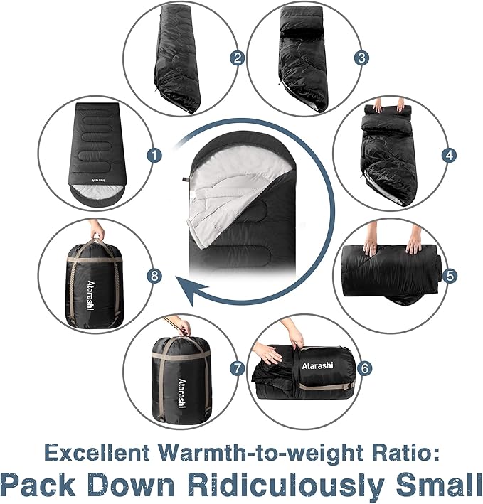 Atarashi Camping Sleeping Bag- 4 Seasons for Adults Light Warm Extra-Large with Compression Sack- Great for Hiking Backpacking &amp Outdoor Adventures