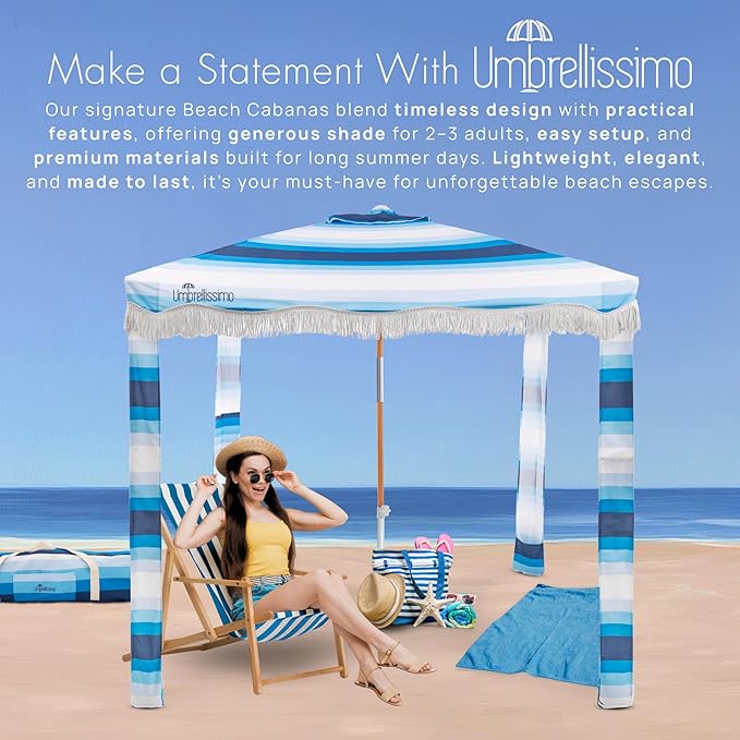 Premium Beach Cabana - Umbrellissimo Signature Blue Ombre. Includes Sand Anchor Designer Canvas Prints &amp Fringe finishes Sand Pockets pegs Carry Bag. Easy Set up 6.6'x6.6' of Cool UPF50+ Shade