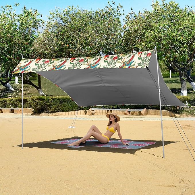 ALAZA Vintage Parrot Flower Beach Tent Sun Shelter UPF50+ Protection Beach Shade Canopy w/ 4 Sandbags for Outdoor Camping Fishing Backyard Fun Picnic 10x9 ft
