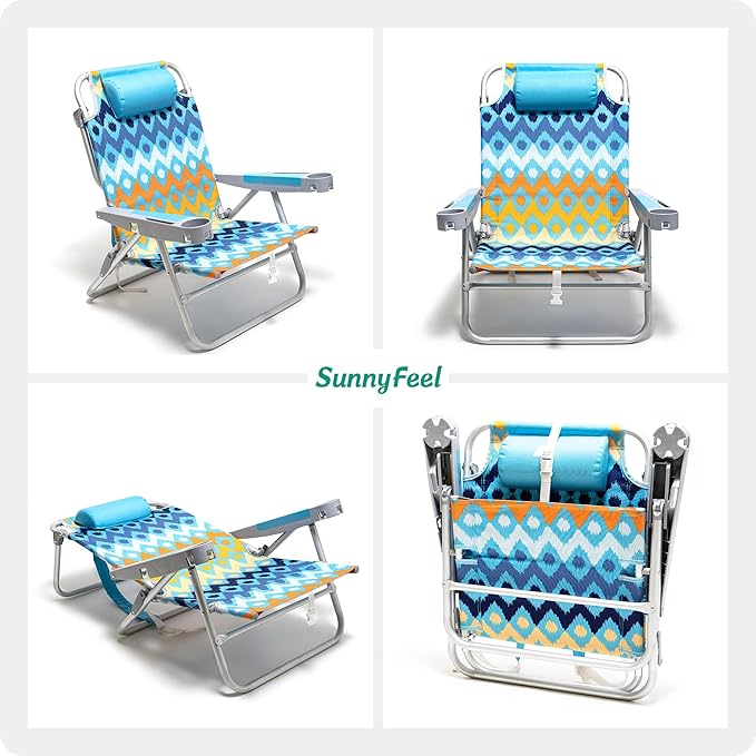 SUNNYFEEL Extra Wide 28 Low Beach Chair 5 Position Lay Flat XL Oversized Portable Folding Camping Chairs with Cup Holder for Outdoor/Trip Lightweight Foldable Backpack Beach Chair for Adults