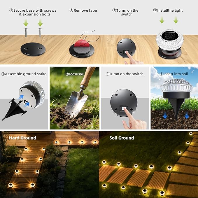 Solar Deck Lights Outdoor - IP67 Waterproof Solar Driveway Dock Lights 12PK Solar Pthway Lights Outdoor Warning Step Lights for Driveway Sidewalk Garden Pathway Yard Stair Backyard Decor(Warm White)