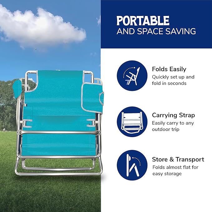Cabana Beach Folding Beach Chair 5 Position Lightweight Portable Reclining Outdoor Camping Accessories with Headrest Shoulder Strap and Cup Holder Blue