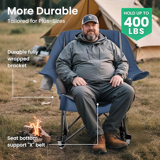Oversized Rocking Camping Chair for Adults 400LBS Capacity Foldable Outdoor Rocker with Padded Seat Cup Holder Portable Camp Chair for Camping Backyard Patio BeachBlue 2 PCS