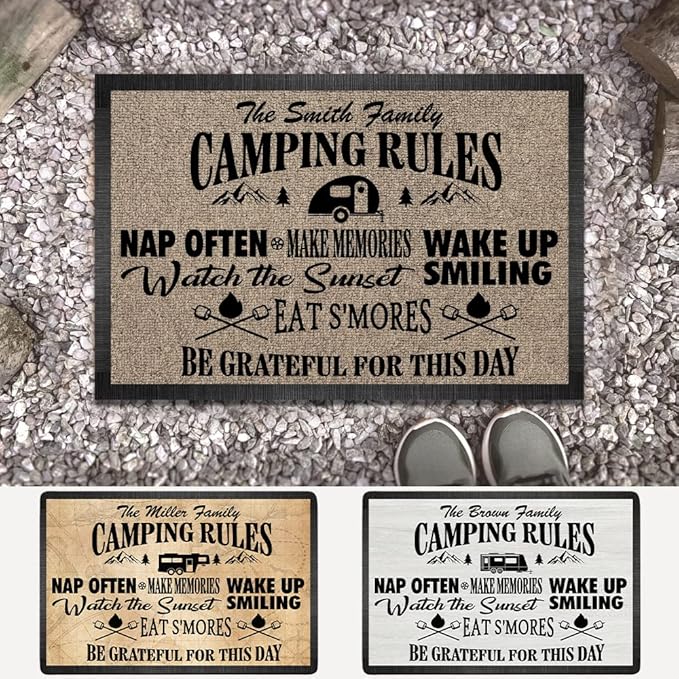 Personalized Camping Rules Welcome Doormat - Custom Family Name and RV Door Mat Accessories for Inside Outside Funny Campsite Decorations Travel Trailers Style 02 16 x 24 inches
