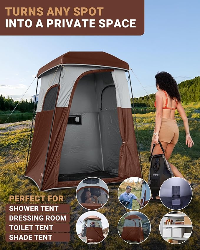 KingCamp Camping Shower Tent Portable Outdoor Privacy Toilet &amp Changing Tent Windproof &amp Waterproof Easy Setup 1 or 2 Room Shelter with Shower Bag for Camping Hiking Beach
