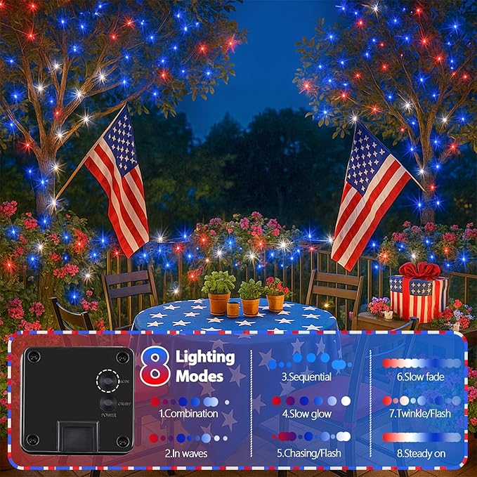 4 Pack Red White and Blue Solar String Lights 320LED 180FT 4th of July Decorations Outdoor Waterproof 8 Modes Patriotic Solar Fairy Twinkle Lights for Independence Memorial National Day Decorations