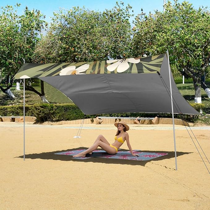 Capybara with Her Cub and White Flowers and Leaves Camping Sun Shelter Beach Tent Portable Beach Sun Shade Outdoor Canopy for Camping Trips Fishing Picnic