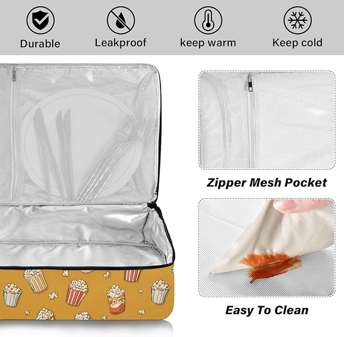 Casserole Carrier Cute Cartoon PopcornsInsulated Casserole Carrier for Hot or Cold Food Thermal Lunch Tote for Potluck Parties Picnic Beach Fits 9 x 13 Inches Baking Dish