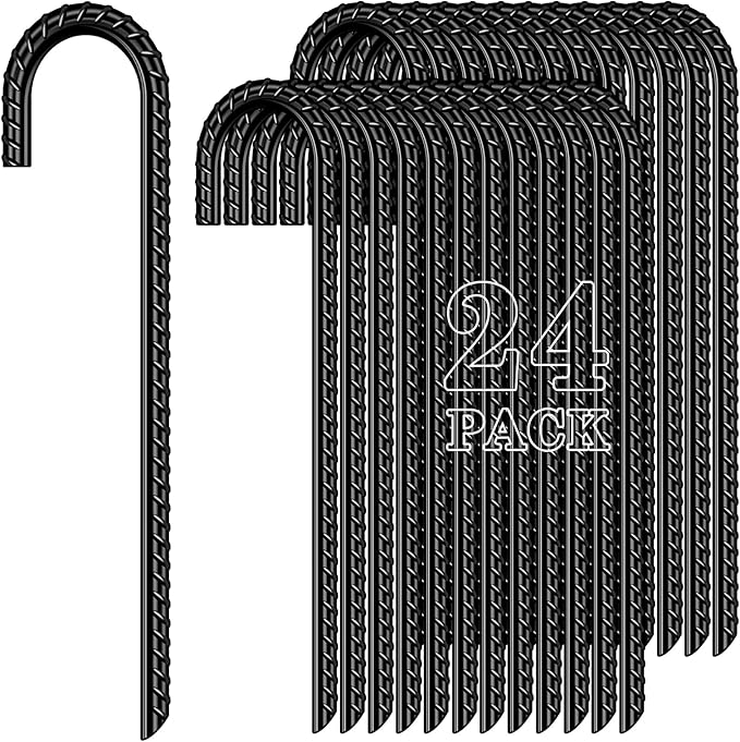 FEED GARDEN 12 Inch 24 Pack Rebar Stakes Heavy Duty J Hook Galvanized Ground Stakes Tent Stakes Stakes for Outdoor Decorations Inflatables Canopy Swing Set Chain Link Fence Stakes