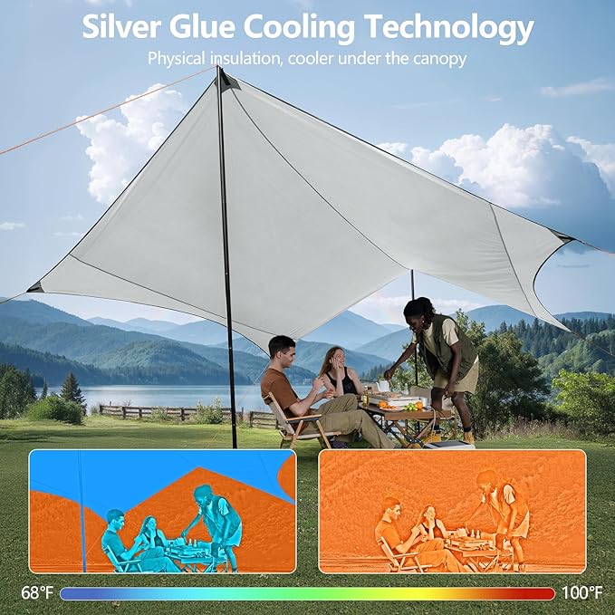 Camping Tarp with Poles &amp Retainer15x12.5FT Large Waterproof 210D Oxford Cloth Camping Canopy Anti-UV UPF100+ Tent Tarp Car Awning for Outdoor Picnic Hammock Car Backpacking (Khaki)