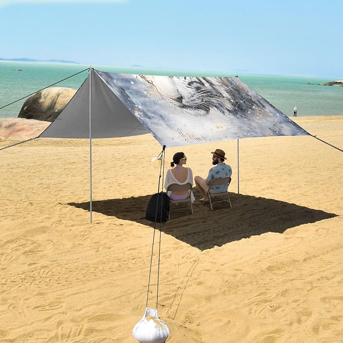 ALAZA White Tiger Beach Tent Sun Shelter UPF50+ Protection Beach Shade Canopy w/ 4 Sandbags for Outdoor Camping Fishing Backyard Fun Picnic 10x9 ft