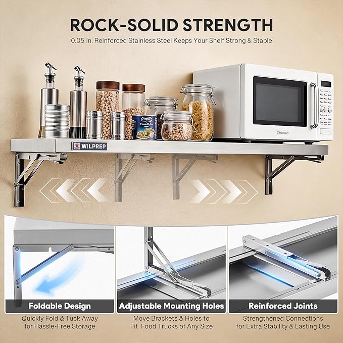 Wilprep Stainless Steel Shelf 12x 48 Folding Shelf Commercial Shelf for Kitchen Wall 220lb Metal Foldable Storage Shelf with &amp Support Brackets for Restaurant Kitchen Laundry Room Garage