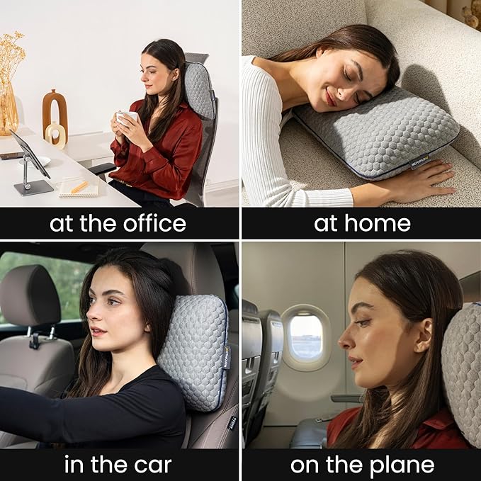 Memory Foam Travel Pillow with Washable Cover &amp Carry Bag – Compact Soft &amp Breathable Neck Pillow for Airplane Camping &amp Car (Gray- with Extra Gray Cotton Cover 15.7x9.8x3.9 inches)