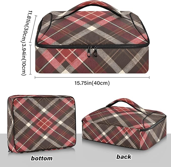 Casserole Carrier Red and Brown Tartan Print Insulated Casserole Carrier for Hot or Cold Food Thermal Lunch Tote for Parties Picnic Travel Carry Bag