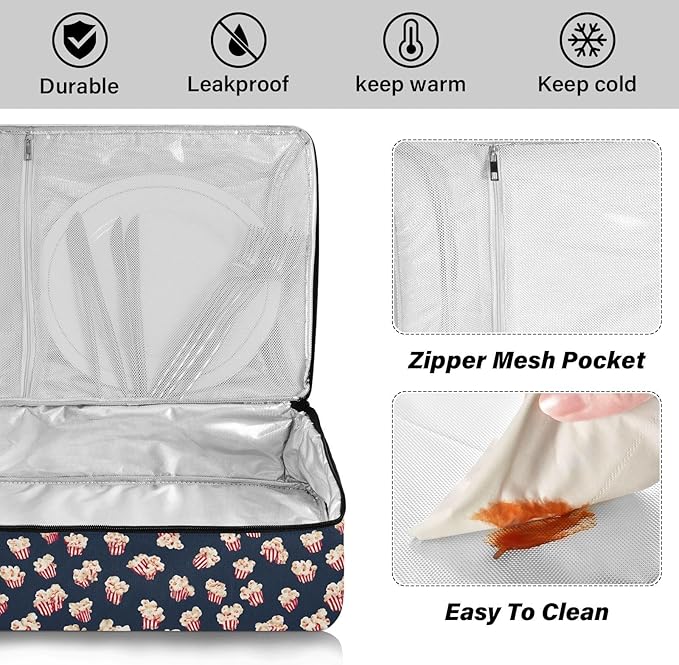 Casserole Carrier Pattern with Blue PopcornInsulated Casserole Carrier for Hot or Cold Food Thermal Lunch Tote for Potluck Parties Picnic Beach Fits 9 x 13 Inches Baking Dish