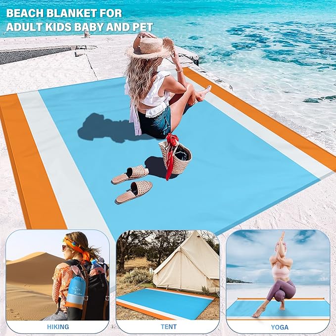 Beach Blanket Oversized Extra Large 10'X 9'Waterproof Sandproof Beach Blanket 2-8 Adults Lightweight Durable for Travel Camping Hiking Picnic (10'X 9' Orange&ampBlue)