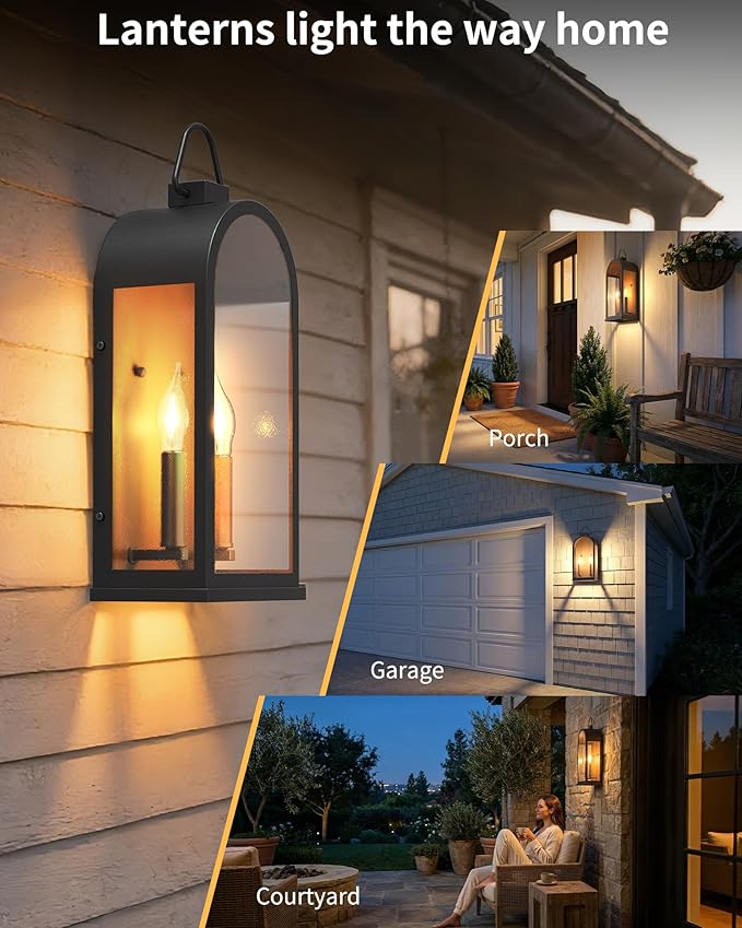 Outdoor Wall Light Fixtures 2 Light Porch Lights Outdoor Matte Black Exterior Waterproof Wall Sconce with Glass Shade Outside Lantern for House Garage Doorway Patio Entryway E12 Socket