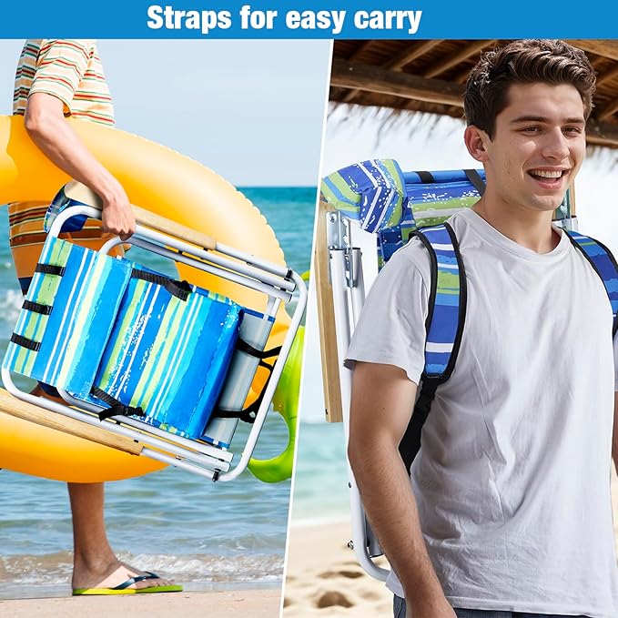 Folding Beach Chair Adjustable Headrest w/Tilt Angle Cup Holder Portable High Strength Cleanable Fabric for Sand Camping Lawn Concert Travel Festival (Blue Stripe 1)