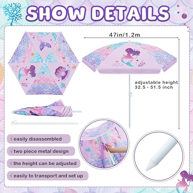 Sweetude Water Table Umbrella (Table Not Included) Kids Seaside Beach Umbrella Picnic Canopy for Summer Toddlers Sand Beach Camping Garden Outdoor Pool Shade Party Supply(Mermaid Theme)