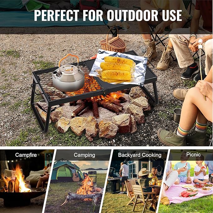 VEVOR Folding Campfire Grill Heavy Duty Steel Mesh Grate 22.4 Portable Camping Grates Over Fire Pit Camp Fire Cooking Equipment with Legs Carrying Bag Grilling Rack for Outdoor Open Flame Cooking