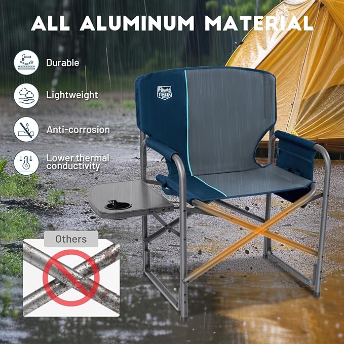 Timber Ridge Aluminum Oversized Camping Chair Lightweight Portable Directors Chair with Side Table Detachable Side Pocket for Outdoor Camping Lawn Picnic Support 400lbs Blue
