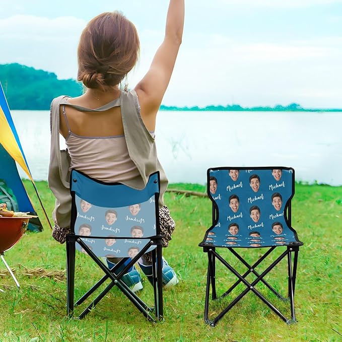 Sinestour Ice Blue Custom Photo Folding Camping Chair for Teen Child Personalized Name 14.6×14.6in Portable Outdoor Chair with Carry Bag for Beach Picnic Travel
