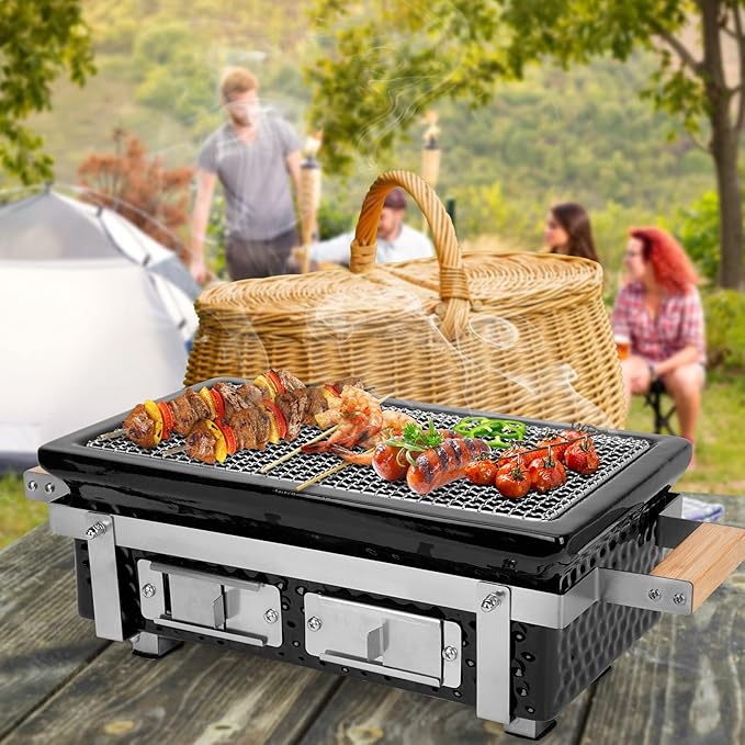 Charcoal BBQ Hibachi Grill with Grid Lifter Portable Yakitori Grill with Stainless Steel Grate Barbecue Stove for Outdoor Camping Picnic Patio Backyard Cooking GS306