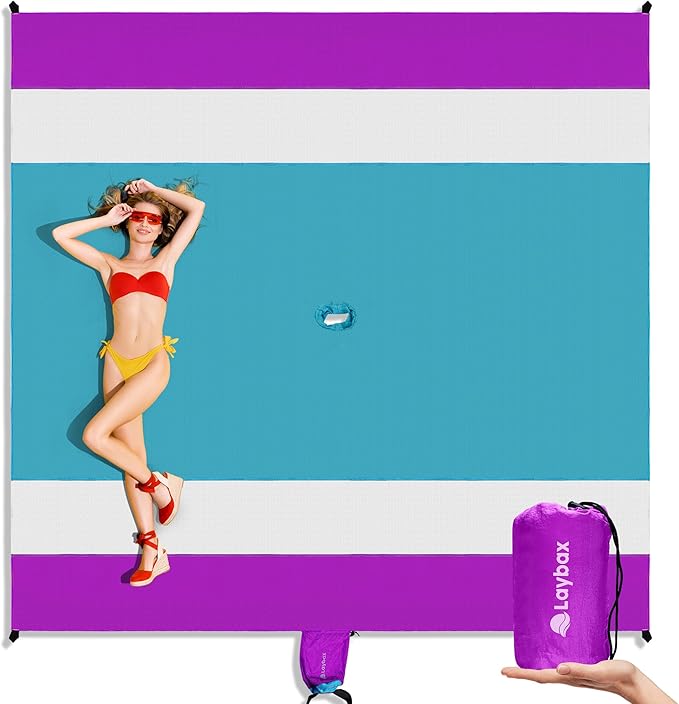 Purple Water-Resistant Sandproof 10x9ft Beach Blanket With Umbrella Hole–Beach Mat Compact and Lightweight Stuff Sack 4 Stakes Sand Pockets Works with Beach Canopies Umbrellas Kids Tent