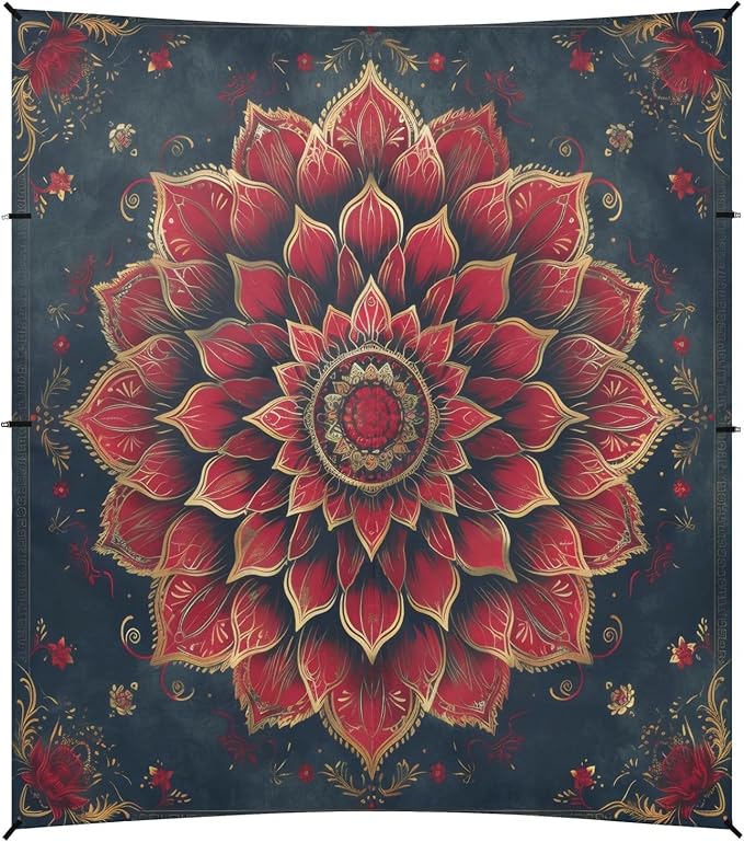 Mandala in Red Beach Tent Sun Shelter 9.2' x 10.5' Beach Canopy with 4 Sandbags 4 Stability Poles Sand Shovels - Tent Canopy for Beach Camping Fishing Picnics