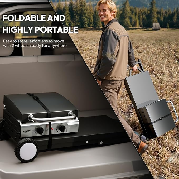 ROVSUN 2 Burner Foldable Propane Griddle with Wheels Enameled Tray &amp Lid 20000 BTU Portable Rolling Flat Top Gas Grill with Electronic Ignition &amp Regulator for Outdoor Cooking Camping BBQ Ta