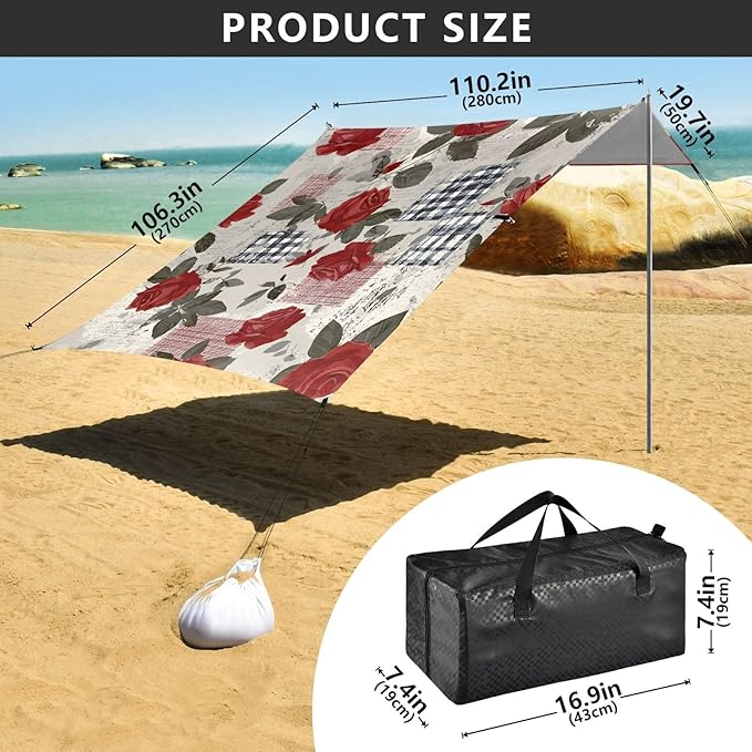 ALAZA Retro Rose Flower Beach Tent Sun Shelter UPF50+ Protection Beach Shade Canopy w/ 4 Sandbags for Outdoor Camping Fishing Backyard Fun Picnic 10x9 ft