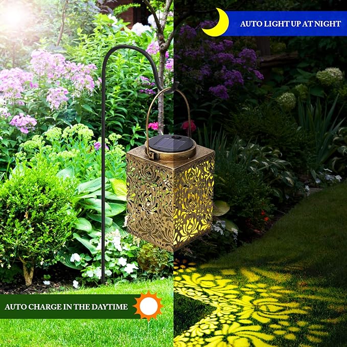 2 Pack Bronze Solar Lanterns - Waterproof Metal Hanging Solar Lights Outdoor Decorative Solar Powered LED Lamp for Patio Tabletop Porch Deck Yard Garden Decor for Outside (Rose)