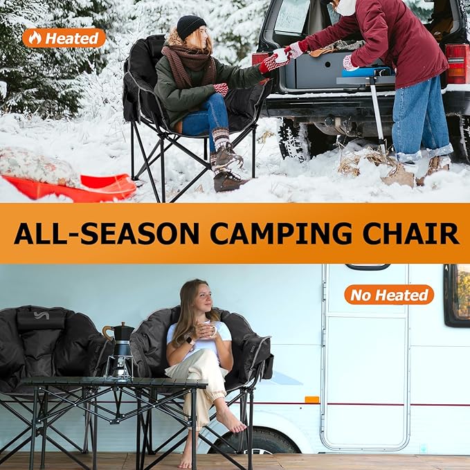 LILYPELLE Oversized Heated Camping Chair Patio Lounge Chairs with 3 Heat Levels Portable Folding Heated Chair Round Moon Saucer Folding Lawn Chair Outdoor Chair for Camping Lounge Patio