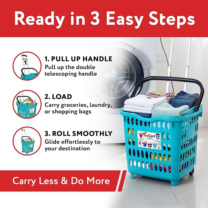 dbest products Bigger GoCart Grocery Cart Rolling Shopping Laundry Basket on Wheels Hamper with Telescopic Handle Cleaning Caddy Trolley Teal Bigger 1 pack