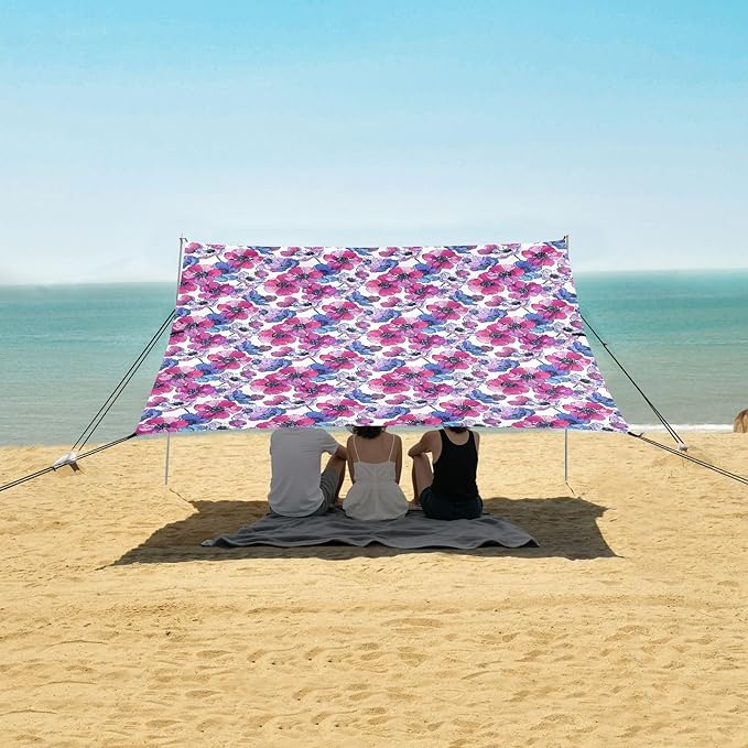 ALAZA Anemone Flower Pink &amp Purple Beach Tent Sun Shelter UPF50+ Protection Beach Shade Canopy w/ 4 Sandbags for Outdoor Camping Fishing Backyard Fun Picnic 10x9 ft