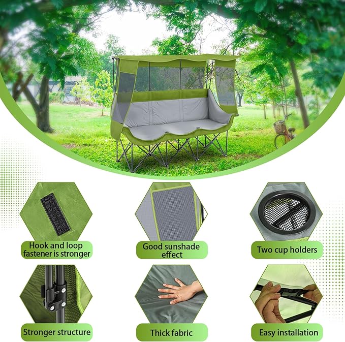 3 Person Camping Chair with Canopy Shade 700lbs Heavy Duty Oversized Beach Camping Chair with Thick Cushion Cup Holder and Carry Bag Foldable Portable Sofa for Lawn Beach Outdoor(Green)