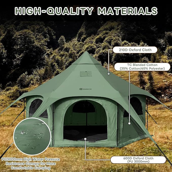 ShinHye 16.4ft Bell Tent for Glamping &amp Camping – Waterproof Canvas with Stove Jack Removable Floor &amp 8 Mesh Windows (Fits 6-8 People)
