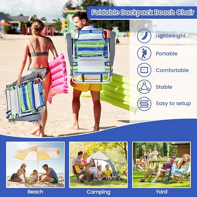 Tangkula Set of 2 Backpack Beach Chair 5-Position Lay Flat Beach Chairs with Cooler Bag 2 Cup Holders Towel Bar Lightweight Folding Beach Chair with Backpack Straps
