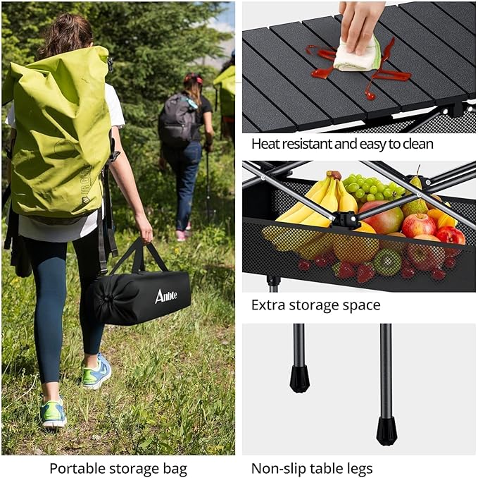 Anbte 3ft Aluminum Roll Top Camping Table Max 27.5 2 Adjustable Height Folding Camping Table Waterproof with Storage Net and Bag for BBQ Picnic Tailgating Backyard RV Travel 32.2” x 16” Pure Black