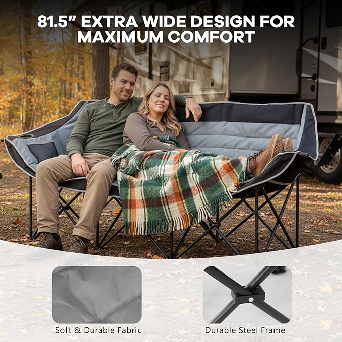 Slsy 3 Person Camping Chair Oversized Folding Triple Chair with Cup Holders &amp Side Pocket 990 LBS Heavy-Duty Portable Outdoor Chair for Camping Picnic Lawn