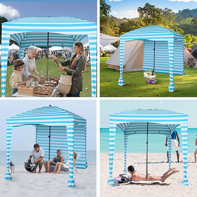 Nice C Beach Cabana Tent - Portable 6'x 6' with Detachable Wall UPF 50+ UV Protection Ultimate Sun Umbrella Sun Shelter (Blue Stripe)