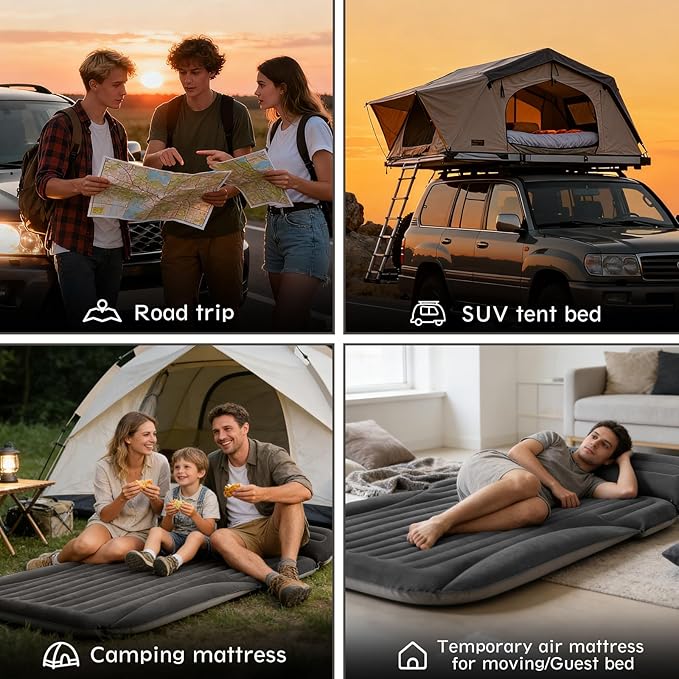SUV Air Mattress Double-Sided Thick Flocked Car Air Mattress with Built-in Pump &amp Pillow Complete Sleeping Accessories for Auto Camping &amp Road Trips（Dark Coffee）