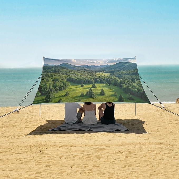 Forest Landscape Pattern Beach Tent Sun Shelter 9.2' x 10.5' Beach Canopy with 4 Sandbags 4 Stability Poles Sand Shovels - Tent Canopy for Beach Camping Fishing Picnics