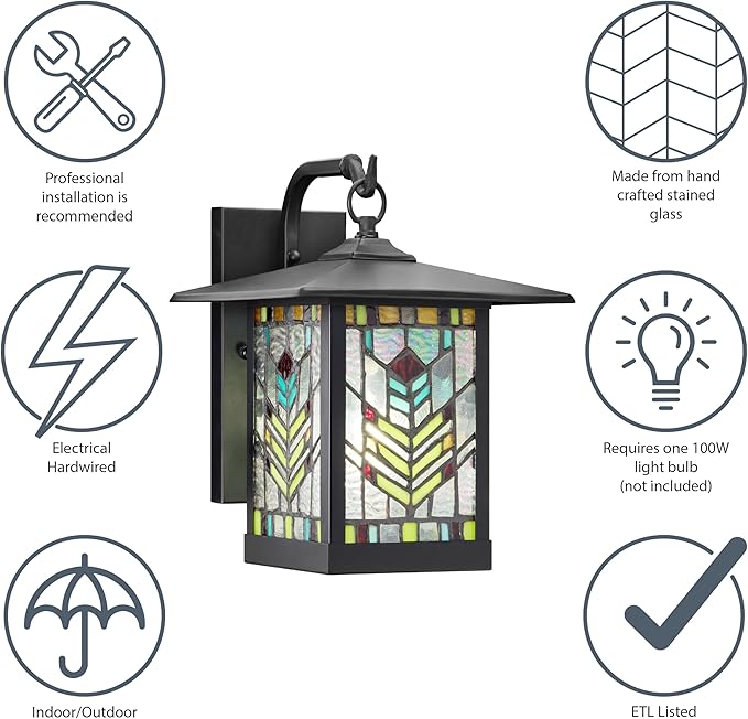 RIVER OF GOODS Stained Glass Outdoor Light Fixture - Mission Style Exterior Lighting Fixtures - Outdoor Lights for House Patio Porch Garage - Wall Mount Sconce Lights - 11.75 H - Mabel