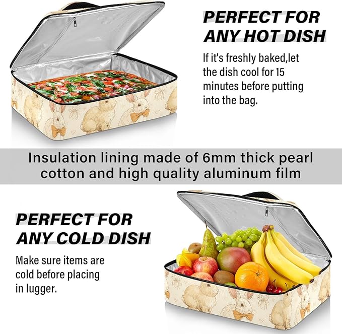 Casserole Carrier Loveliness Bunnies PrintInsulated Casserole Carrier for Hot or Cold Food Thermal Lunch Tote for Potluck Parties Picnic Beach Fits 9 x 13 Inches Baking Dish