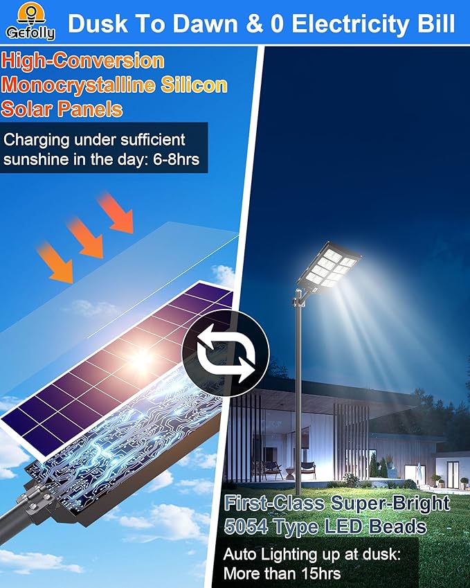 Gefolly SL-3800W Solar Street Light Outdoor Wide Angle Commercial Parking Lot Lights Dusk to Dawn 6500K Flood Security Light IP67 Lamp for Basketball Court Yard Road