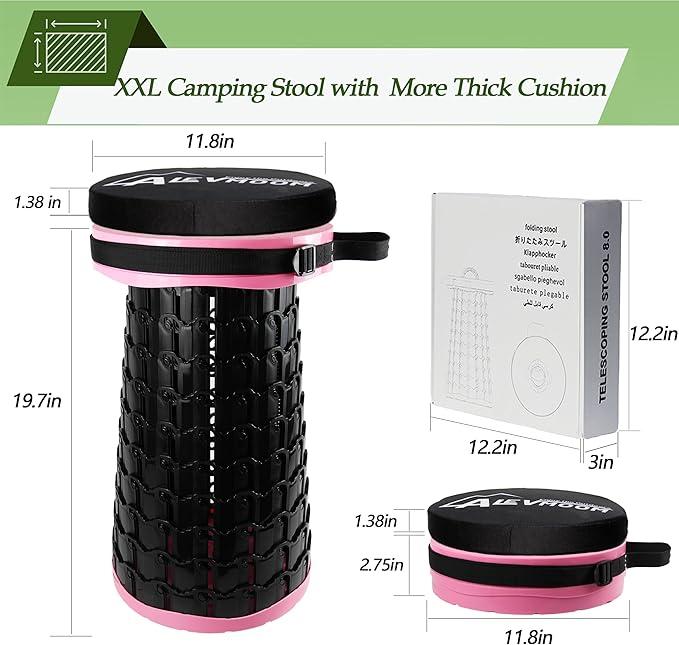 ALEVMOOM Upgraded XXL Collapsilbe Stool with CushionMore Sturdy and Height 19.7“D11.8”Portable and Lightweight Adjustable Telescoping Stool for Camping Hiking BBQ Max Loading 1000Ibs