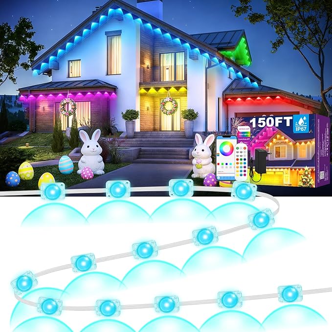 MUCCCUTE Permanent Outdoor Lights for Holidays Easter 150ft RGB House Light w/App &amp Remote Control Smart Rainbow LED IP67 Waterproof for New Year Christmas Roof Eaves Garden Décor All Year Around
